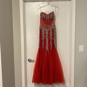 jovani: red mermaid style dress with corset style bodice